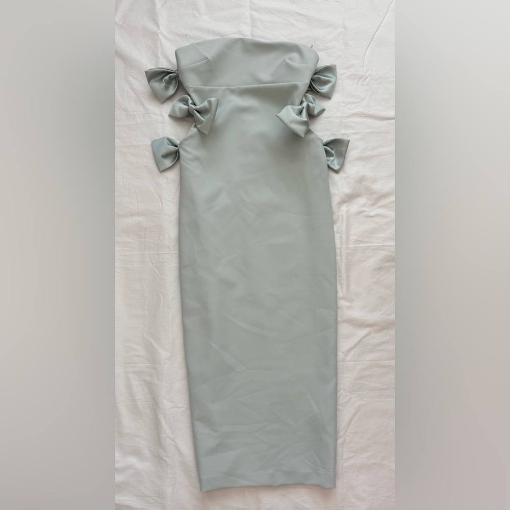 Zara Satin Strapless Dress in Sea Green with Bow Accents